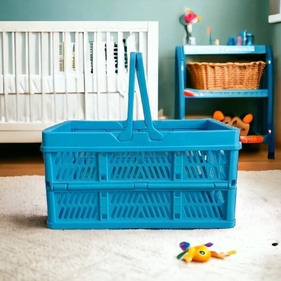 Blue Plastic Foldable Storage Basket 15"x10"x8" Organizer Bin Bathroom Toys G+ - Picture 2 of 6